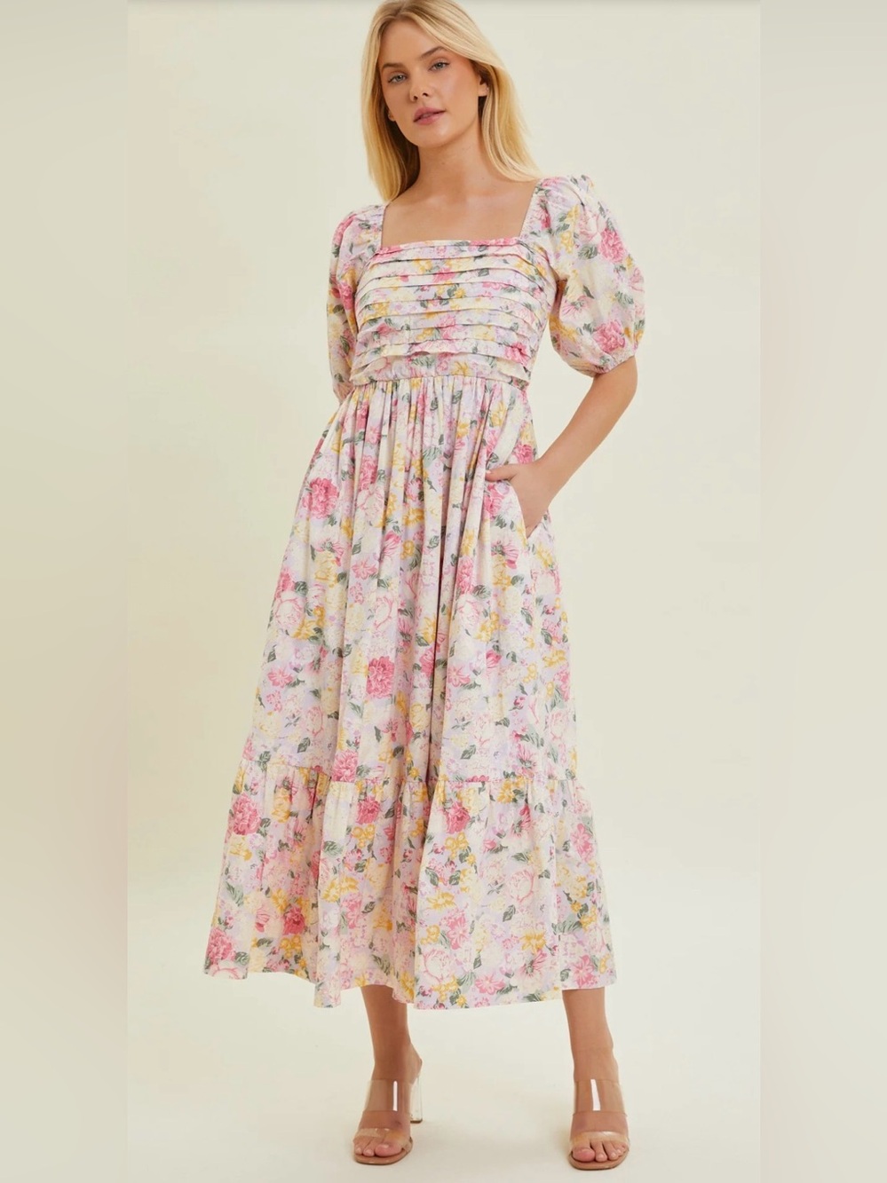 Baevely Lavender Floral Pleated Puff Sleeve Midi Dress